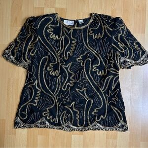 Laurence Kazar Vintage Silk Beaded Blouse Event Formal Party Holiday